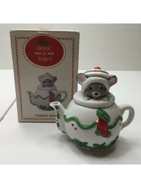 Mouse In Teapot Ceramic Christmas Trinket Box With Original Packaging